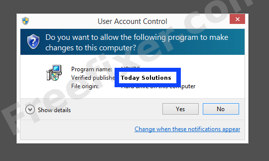 Screenshot where Today Solutions appears as the verified publisher in the UAC dialog